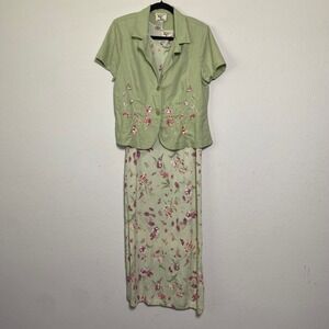 VTG Ease Sport 2pc Set Size 12 Green Floral Embroidered Dress Linen Blend Jacket